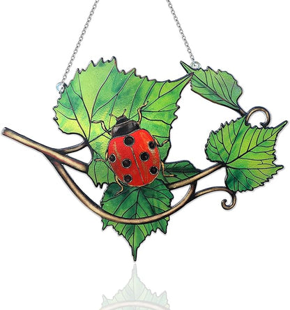 Ladybug Suncatcher Stained Glass, Ladybug Sun Catchers Window, Unique Nature Lover Gifts Leaf