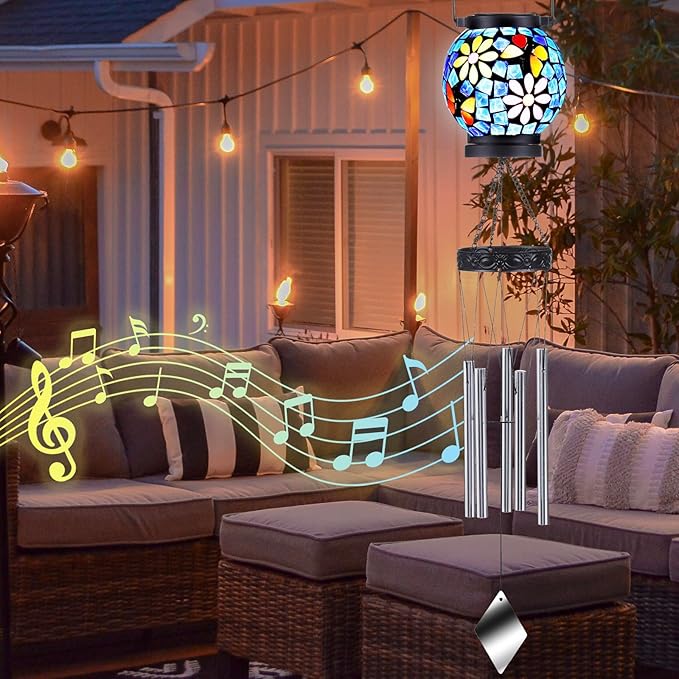 VOREEN Solar Wind Chimes with Gentle Chime Sound, Blue Mosaic Glass Lantern for Outdoor, Calming Night Glow & Relaxing Breeze Melody, Waterproof Porch Yard Garden Decor, Memorial & Sympathy Gift