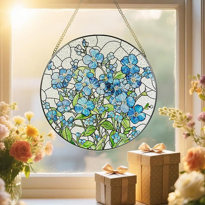 Stained Glass Window Hanging, 8 Inch Forget Me Not Stained Glass Suncatcher, Window Hanging Decor, Flower Sun Catchers, Gifts for Flower Lover, Birthday Gifts for Lover, Friend, Family, Teacher