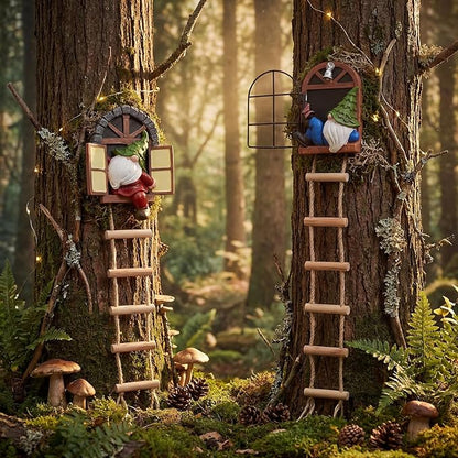 Thyle 4 Pieces Garden Gnomes Outdoor Tree Hugger Gnome Fairy Statue Elf Out the Door Resin Figurine Hanging Ladder Decoration Tree Faces Decor Outdoor for Patio Yard Lawn (Woodland Style)