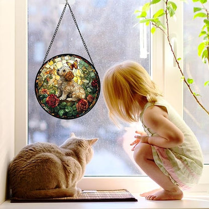 DASTOLL Stained Glass Window Hanging, Cute Dog and Flowers Suncatcher for Doors Home Butterfly Sun Catchers Decoration and Christmas, Mother's Day Birthday Gifts for Women, Men, and Mom 6.3 in