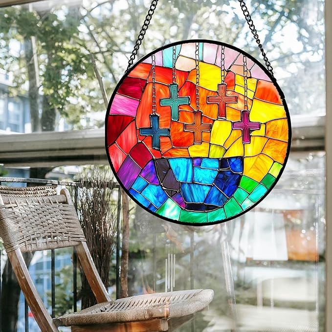 Stained Glass Window Hanging - Abstract Colorful Cross Sun Catcher for Door Terrace Garden Home Decor, Orange Red Suncatcher Birthday Gifts for Lovers Women Men Dad Mom Nana 9.8 in