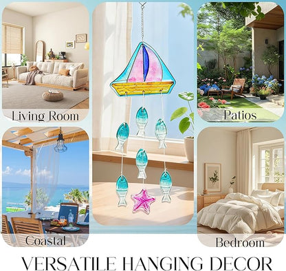 H&D HYALINE & DORA 23.5 Inch Glass Wind Chimes Colorful Sailboat Decor Hanging for Outside Glass Fish Wind Chime Outdoor Decor for Harmonic Porch, Patio & Garden