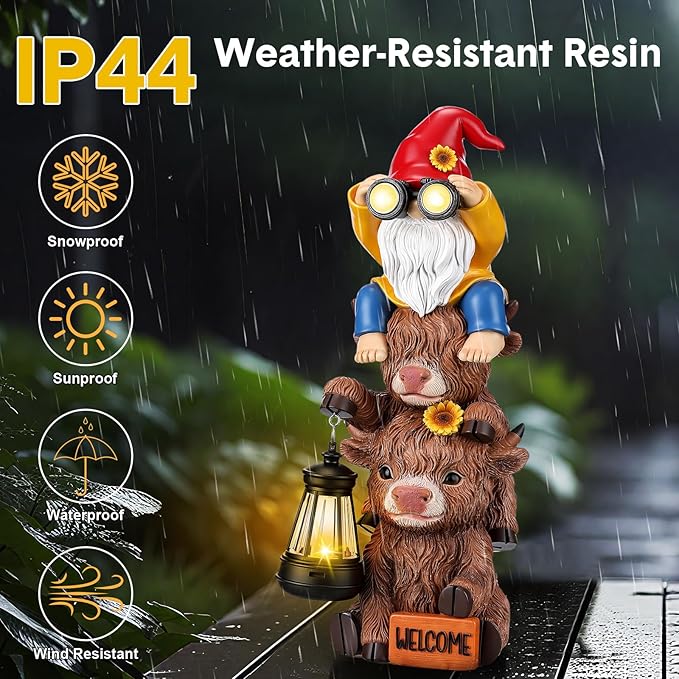 Gerrii Solar Highland Cow Gnome Outdoor Spring Garden Statue with Lighted Lantern 11" Resin Highland Cow Welcome Sign Outdoor Yard Waterproof Gift for Women Mom Holiday Patio Lawn Ornaments