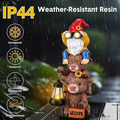 Gerrii Solar Highland Cow Gnome Outdoor Spring Garden Statue with Lighted Lantern 11" Resin Highland Cow Welcome Sign Outdoor Yard Waterproof Gift for Women Mom Holiday Patio Lawn Ornaments