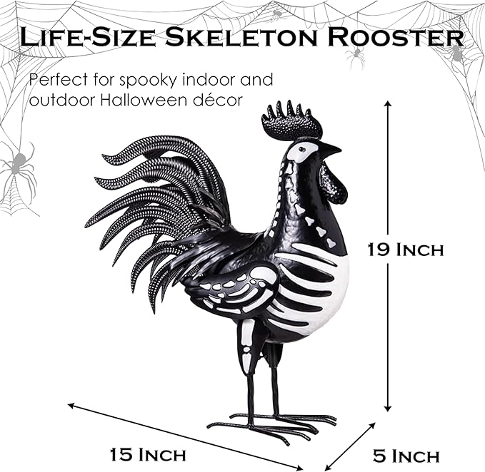 Evergreen Garden 19" Skeleton Rooster Metal Animal Statue | Indoor and Outdoor Safe | Halloween Decoration for Garden Yard Lawn Party | Rustic Farmhouse Chicken Decor