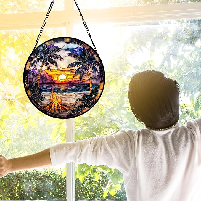 DASTOLL Stained Glass Window Hanging,Bonfire Beach Landscape Suncatcher Diamond Glass Panel Sun Catchers Decor for Birthday for Women, Men, Wife, Aunt, and Mom 9.8 in