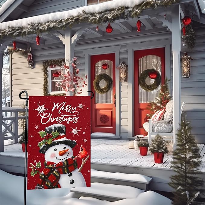 Snowman Merry Christmas Garden Flag Winter Yard Flags Red Xmas Snowman Garden Outdoor Decorations for Outside Small Xmas Flag Double Sided 12 x 18