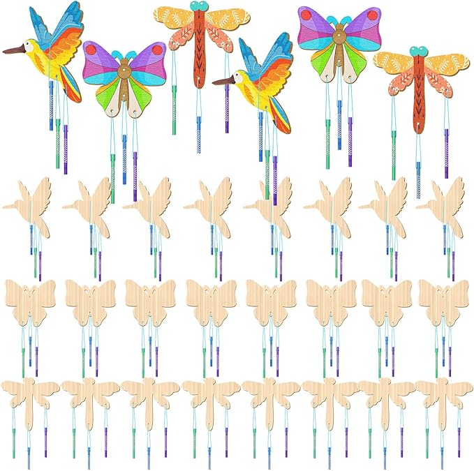 Leinuosen 30 Pcs Wind Chime Kit Hummingbird Wooden Wind Chimes Decorative Butterfly Windchimes Hanging Dragonfly DIY Crafts for Indoor Outdoor Garden Home Patio Party Crafts Decorations