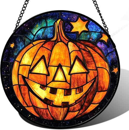 Stained Glass Window Hanging Halloween Horror Golden Pumpkin 6.3" - Suncatcher Door Garden Sunroom Gothic Style Sun Catcher Birthday for Friend Mom Men Woman Nana