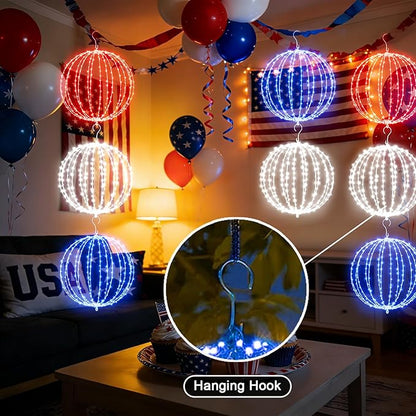 16 Inch 3PK Patriotic Light Ball, Red White Blue Foldable Metal Sphere Lights with 320 LED 16 Modes & Timer, Hanging Globe Lights for 4th of July, Memorial Day & Independence Day Outdoor Holiday Decor