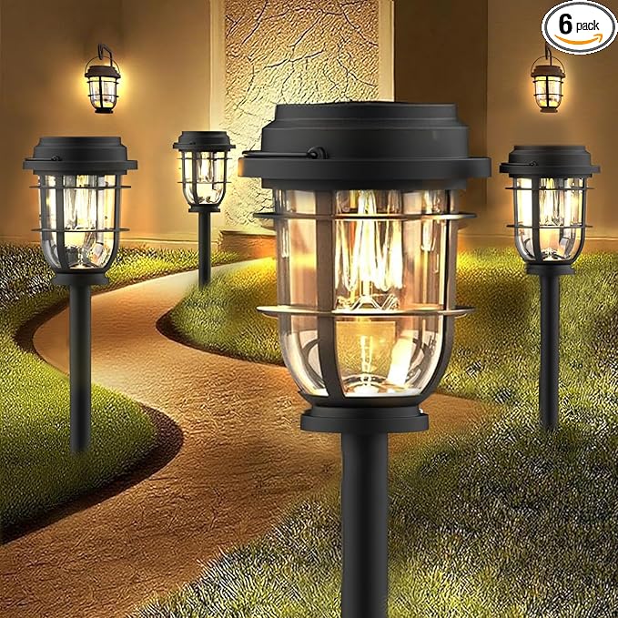 Vuees Bright Solar Pathway Lights Outdoor, 6 Pack Waterproof IP65, Auto On/Off Solar Powered Garden Lights for Yard Lawn Walkway Landscape Pool Outside - 3-in-1 Hanging, Tabletop & Stake Lighting
