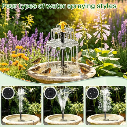 Solar Water Fountain, Upgrade Solar Fountain Pump Kit with 4 Nozzles & 9.94ft Cable, Outdoor 2w Solar Fountain for Bird Bath, Garden, Pool, Pond