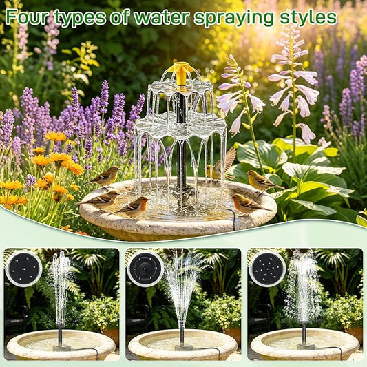Solar Water Fountain, Upgrade Solar Fountain Pump Kit with 4 Nozzles & 9.94ft Cable, Outdoor 2w Solar Fountain for Bird Bath, Garden, Pool, Pond