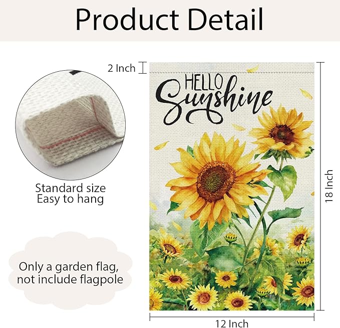 Spring Summer Sunflower Garden Flag 12x18 Inch Double Sided Burlap for Outside，Hello Sunshine Yard Sign Seasonal Holiday Outdoor Decoration