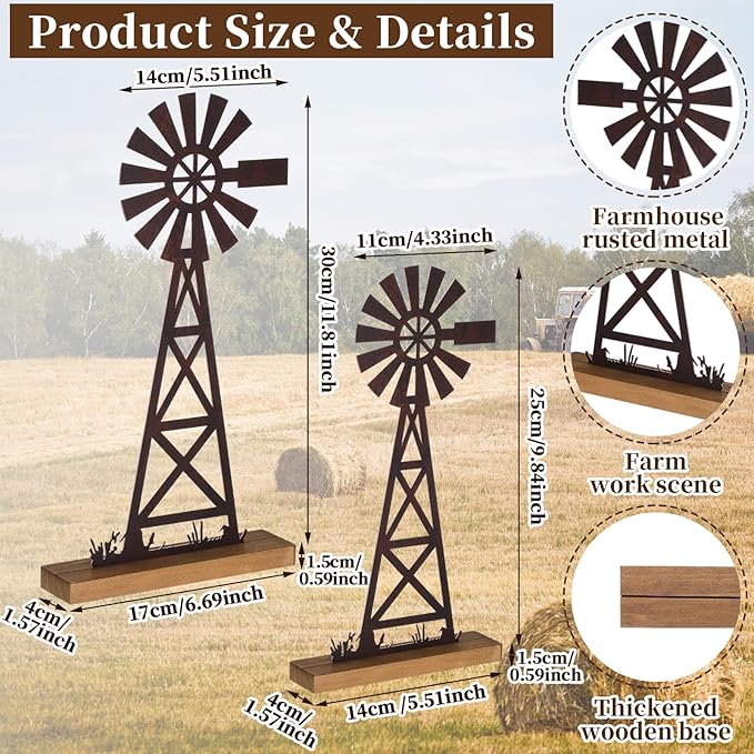 Tandefio 2 Pcs Farmhouse Windmill Table Top Decor 11.8 Inch Metal Rusted Vintage Desk and Shelf, Decorative Farmhouse Kitchen Rustic Windmill Rustic Home Decorations