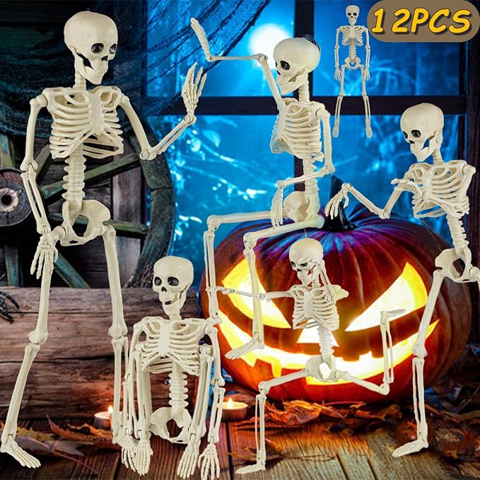 12 Packs Skeleton Halloween Decorations Outdoor with 16" Full Body Posable Joints Skeletons Decor, Halloween Party Decor Indoor, Yard Garden Lawn Graveyard Haunted House Props Spooky Party Decorations
