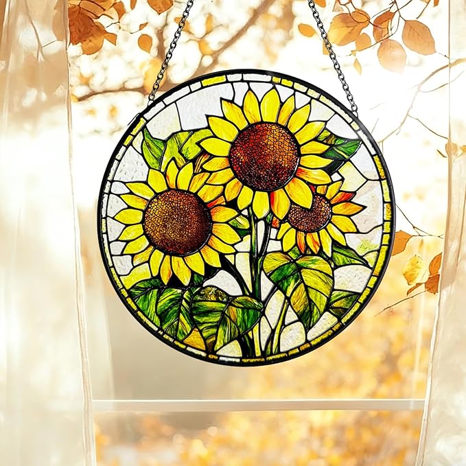 Stained Glass Suncatchers for Windows, 8 in Hanging Sun Catchers Indoor Window, Mother's Day Birthday Gifts for Sunflower Lovers Women Men Mom