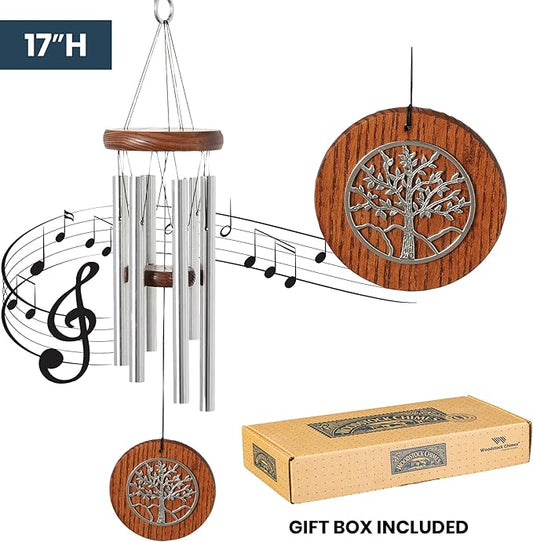 Woodstock Chimes Signature Collection, Woodstock Habitats Chime, 17'', Silver, Teak, Tree of Life Wind Chimes for Outdoor, Patio, Home or Garden Decor (HCTT)
