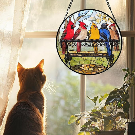 Stained Glass Window Hanging Cardinal on Bench Large 11.8" - Bird Suncatcher Door Garden Patio Sun Catcher Home Decor Christmas for Mom Woman Nana Friends Men Bird Lovers