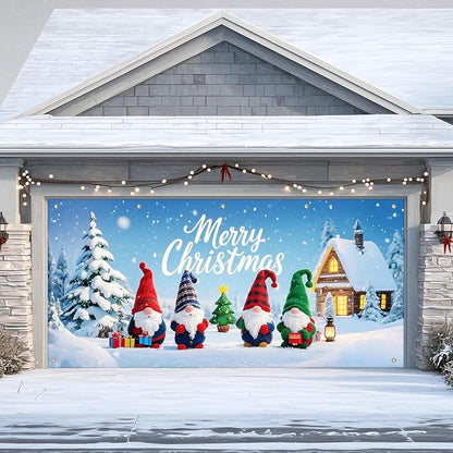 IVN Christmas Garage Door Cover Decoration 13x6ft Gnomes with Snowy Cottage and Pine Trees Merry Christmas Garage Door Banner Home Door Front Yard Decor for Xmas Eve Holiday Outdoor
