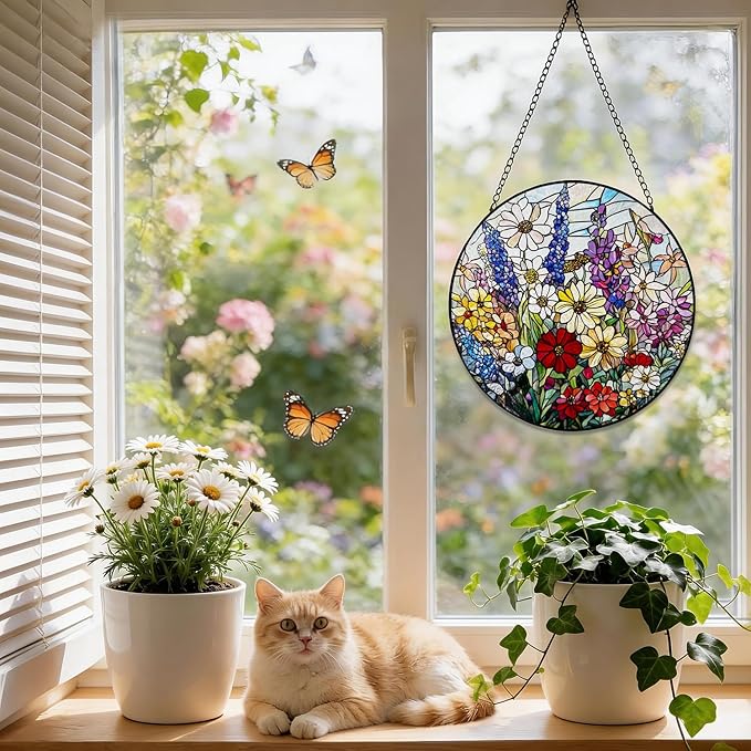 Stained Glass Window Hanging, 8 Inch Wildflower Suncatcher, Flower Sun Catchers Indoor Window, Floral Suncatchers for Windows Hanging, Spring Home Garden Decor Panel Plant Lovers Gifts for Mom Grandma