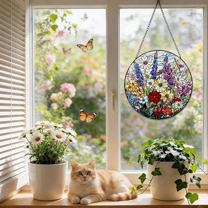 Stained Glass Window Hanging, 8 Inch Wildflower Suncatcher, Flower Sun Catchers Indoor Window, Floral Suncatchers for Windows Hanging, Spring Home Garden Decor Panel Plant Lovers Gifts for Mom Grandma
