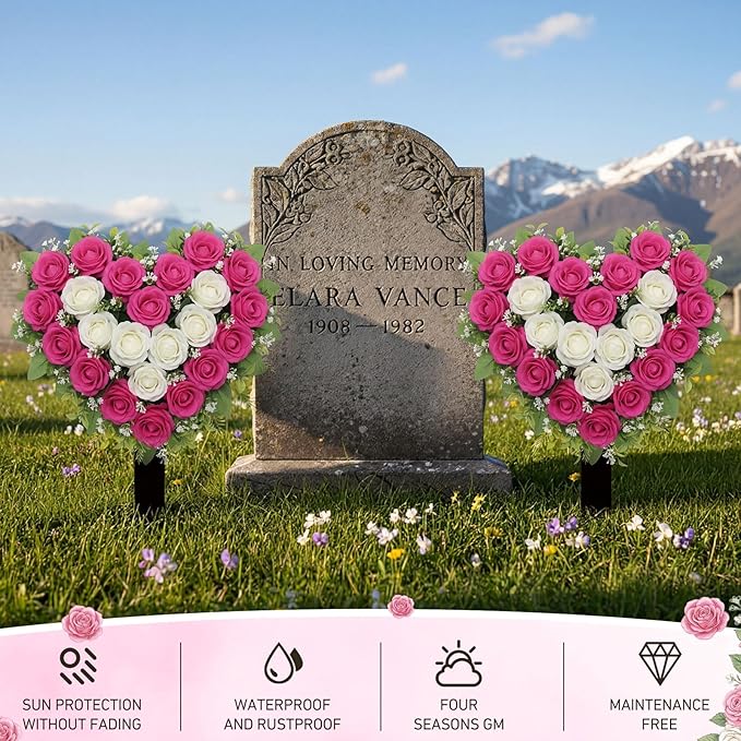Frienda 2 Sets Cemetery Flowers Grave Stake Metal Floral Decor for Tombstone, Outdoor Gravesite Markers for Mom Dad, Memorial Day Spring Easter Grave Decor(Heart,Rose Red,White)