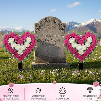 Frienda 2 Sets Cemetery Flowers Grave Stake Metal Floral Decor for Tombstone, Outdoor Gravesite Markers for Mom Dad, Memorial Day Spring Easter Grave Decor(Heart,Rose Red,White)