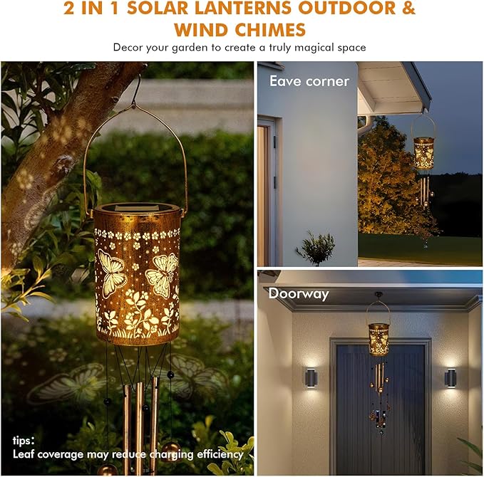 Solar Wind Chimes for Outside - Retro Metal Hanging Solar Lantern for Garden, Patio Decor, IP65 Waterproof Solar Powered Light - Perfect Birthday, Mothers Day Gift for Women(Butterfly)