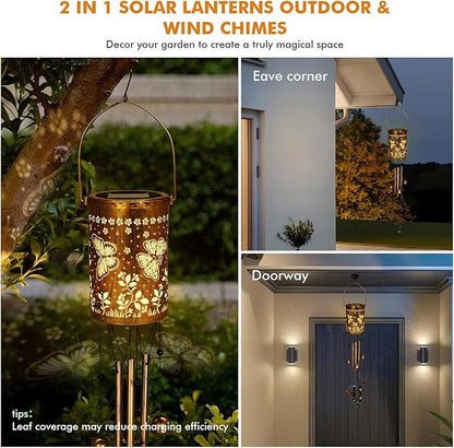 Solar Wind Chimes for Outside - Retro Metal Hanging Solar Lantern for Garden, Patio Decor, IP65 Waterproof Solar Powered Light - Perfect Birthday, Mothers Day Gift for Women(Butterfly)
