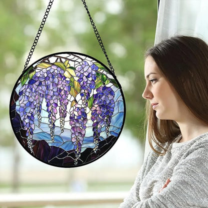 DASTOLL Stained Glass Window Hanging, Purple Wisteria Flowers Suncatcher for Doors Window Home Plant Sun Catchers Decoration Mother's Day Birthday Gifts for Women, Men, and Mom 15x15 in