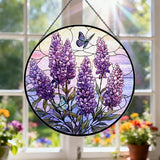 Lavender Stained Glass Window Hanging, 7.9" Lavender Butterfly Sun Catcher Glass Panel with Chain, Lavenders Gifts Hand Painted Round Wall Art Gifts for Women, Lavenders Decor Housewarming Gift