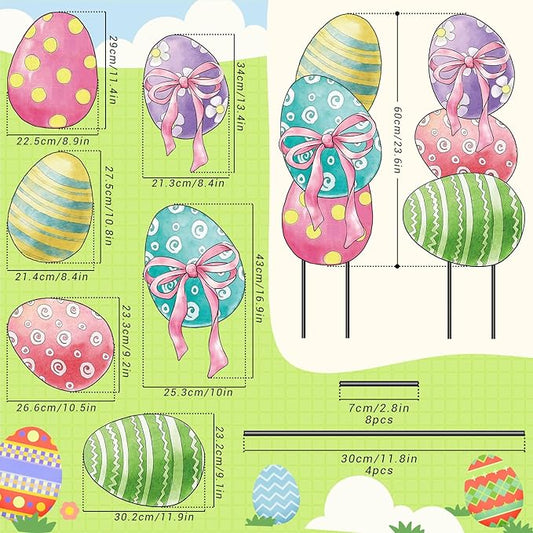 AnyDesign Easter Garden Stakes Welcome Metal Yard Sign Easter Decorations Outdoor Stacked Egg with Bow Decorative Lawn Sign for Spring Farmhouse Home Outside Lawn Porch Walkway Decor, 2 Sets