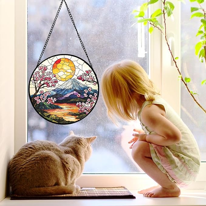DASTOLL Stained Glass Window Hanging, Sun Blooming Cherry Blossoms Suncatcher Diamond Glass Panel Sun Catchers Decor for Birthday for Women, Men, Wife, Aunt, and Mom 11.8x11.8 in