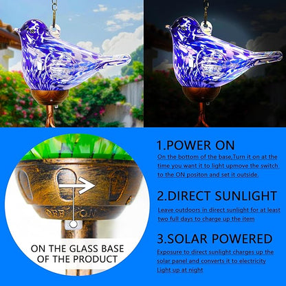 Wind Chimes, Solar Glass Bird Shape, LED, Outdoor Lawn and Patio Glass and Metal Decoration, 7 x 4 x 44 Inches (Dark Blue)