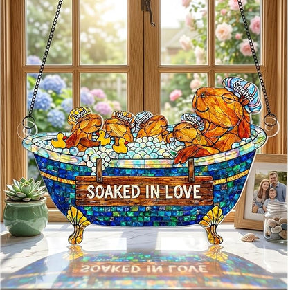Personalized Grandma Otter Stained Glass Suncatcher, Custom Grandkids Names Window Hanging, Soaked in Love Bathtub Ornament, Hanging Ornament Home Decor, Gift for Mother’s Day