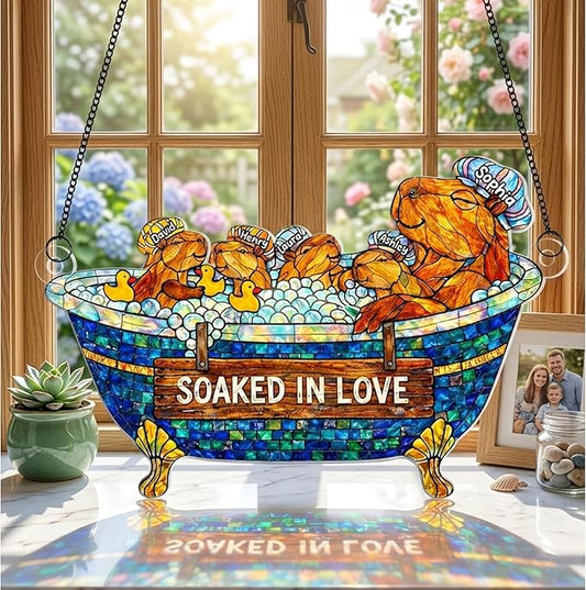 Personalized Grandma Otter Stained Glass Suncatcher, Custom Grandkids Names Window Hanging, Soaked in Love Bathtub Ornament, Hanging Ornament Home Decor, Gift for Mother’s Day