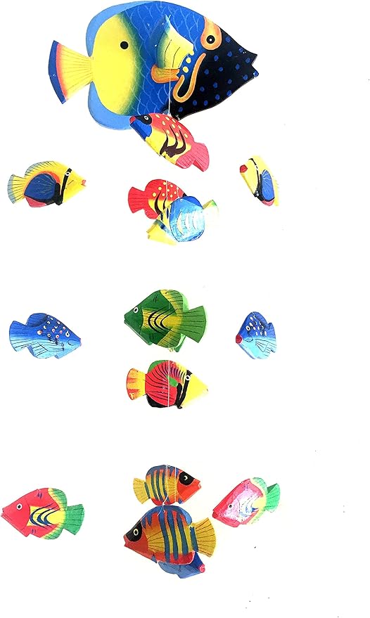 Fish Wind Chime Wooden Hand Painted Fish Mobile Tropical Fish Nautical Decor - OMA Brand (Small)