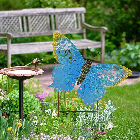 Decorative Butterfly Garden Decor Outdoor Butterfly Garden Stake Decor, Metal Butterfly Yard Stake Garden Insect Decor Patio Lawn Backyard Decor (Blue)