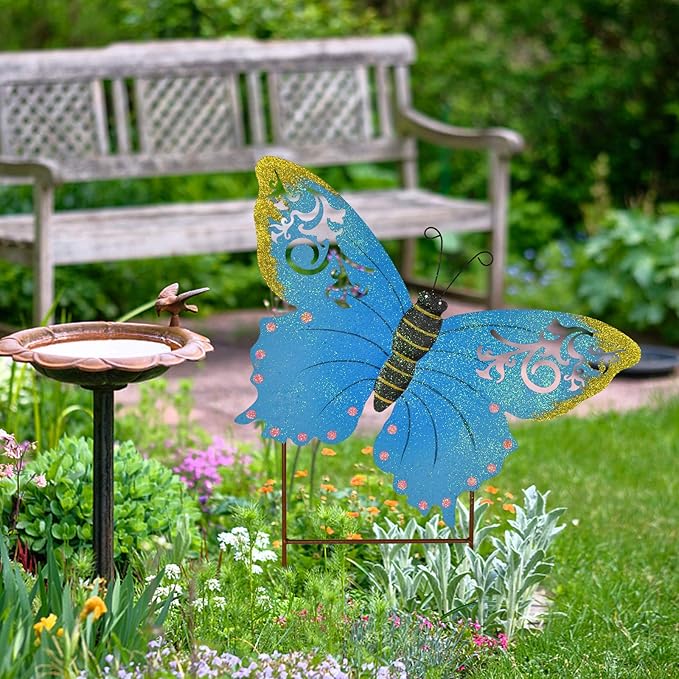 Linfevisi Metal Butterfly Garden Stakes Decor Spring Decorative Butterflies Yard Stake Lawn Ornaments Garden Decor Yard Art Decor Outdoor 18.5 Inch (Blue)