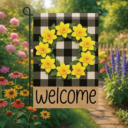 Buffalo Plaid Welcome Wreath Garden Flag Yellow Daffodil Flower Flag 12×18 Inch Double Sided Spring Outdoor Decor Welcome for Porch Patio Lawn Yard Farmhouse Seasonal Outside