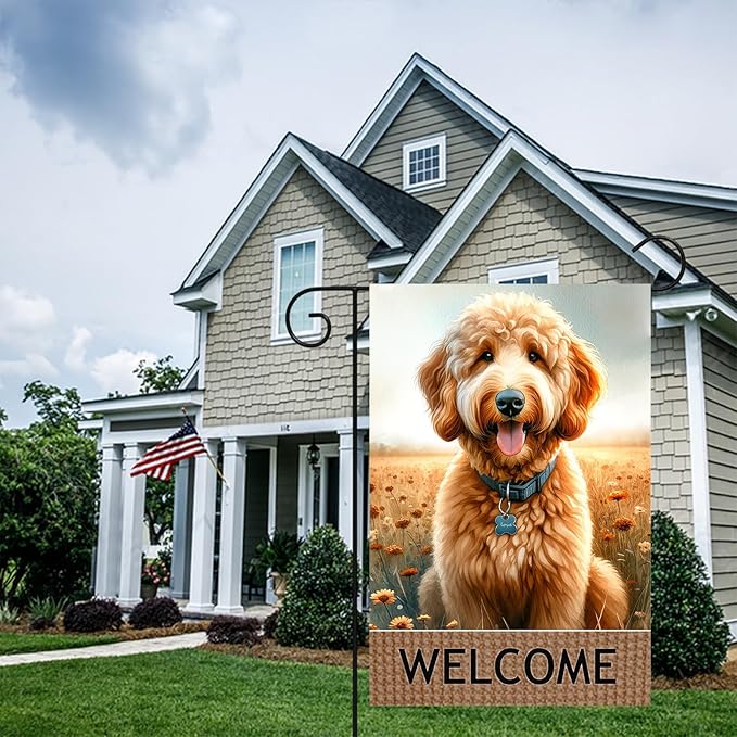BlissYard Dog Welcome Garden Flag 12x18 Inch – Double-Sided Outdoor Yard Flag, Spring Summer Garden Decor for Lawn Porch Patio Backyard, Goldendoodle Dog Lovers Gift