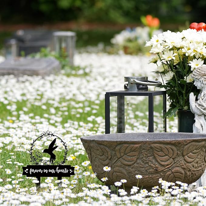 Geelin Memorial Stakes Cemetery Decorations for Grave Hummingbird Grave Marker Memorial Plaques Bird Flower Gift for Loss of Mother Father Outdoors Yard Garden Decor(Forever Our Hearts)