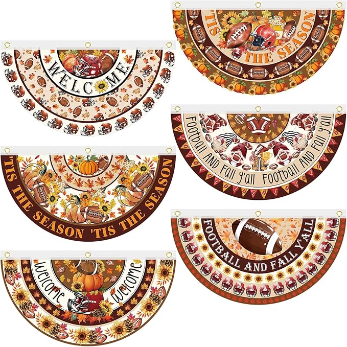 6 Pcs Fall Thanksgiving Decoration Autumn Football Garden Bunting 1.5 x 3 ft Maple Leaves Sunflower Outdoor Welcome Banner Pumpkin Fan Bunting for Thanksgiving Holiday Indoor Outdoor Yard Decor