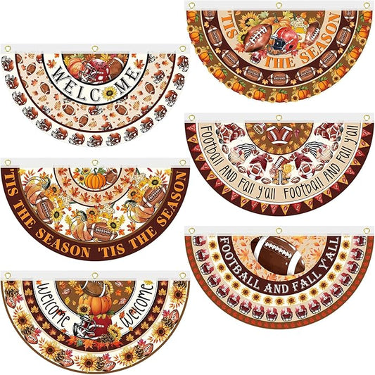 6 Pcs Fall Thanksgiving Decoration Autumn Football Garden Bunting 1.5 x 3 ft Maple Leaves Sunflower Outdoor Welcome Banner Pumpkin Fan Bunting for Thanksgiving Holiday Indoor Outdoor Yard Decor