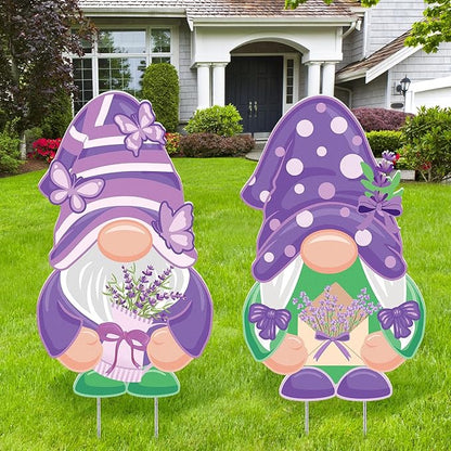 2 Pcs Easter/Spring Outdoor Decorations 16 Inch Easter Yard Signs Metal Pastel Gnome/Rustic Bunny/Lavender Garden Stakes for Home Outside Pathway Lawn Backyard Patio Farmhouse Party Decor(Lavender)