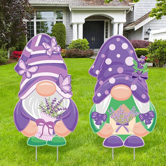 2 Pcs Easter/Spring Outdoor Decorations 16 Inch Easter Yard Signs Metal Pastel Gnome/Rustic Bunny/Lavender Garden Stakes for Home Outside Pathway Lawn Backyard Patio Farmhouse Party Decor(Lavender)