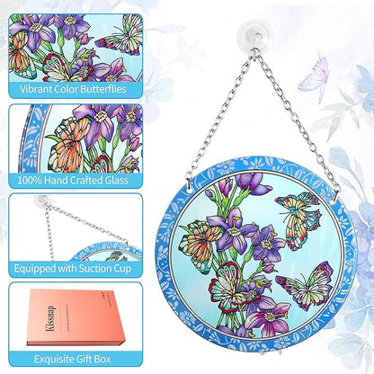 Butterfly Stained Glass Window Hanging - Butterfly Gifts for Women, Birds Suncatchers for Windows - Birds Window Hangings with Chain and Hook, 6 inch Stained Glass Suncatcher for Mom