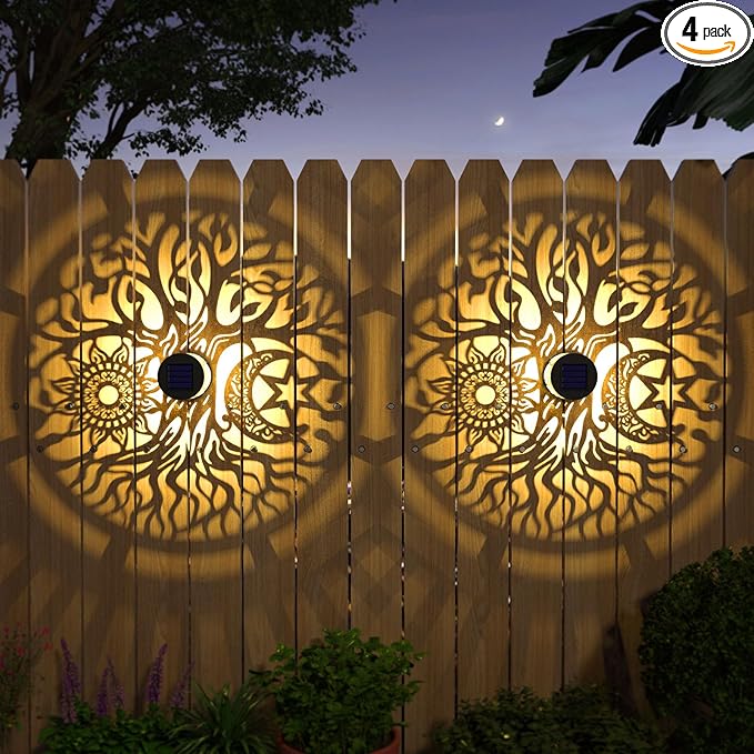 gardencave 4 Pack Solar Fence Lights Metal Solar Powered Outdoor Wall Deck Step Lights Tree Theme Waterproof Fence Light for Garden Post Patio Backyard Yard Decor (Tree, 4 Pack)